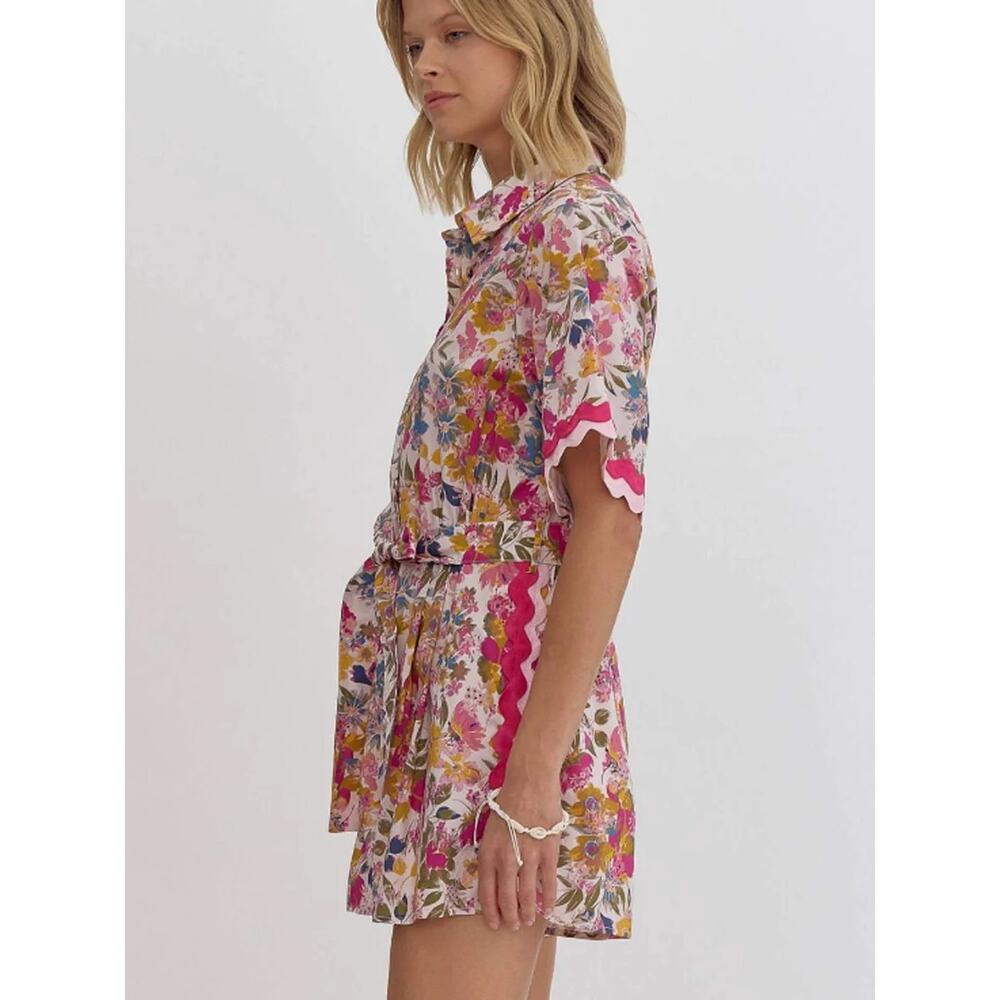 Entro Boutique | Preppy Summer Floral Ric Rac Trim Romper 100% Cotton Spring - Picture 2 of 13